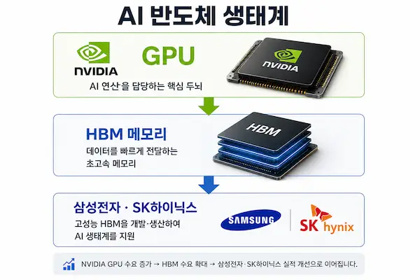 엔비디아 GPU와 HBM 메모리, 삼성전자와 SK하이닉스의 AI 반도체 생태계 관계를 설명한 인포그래픽