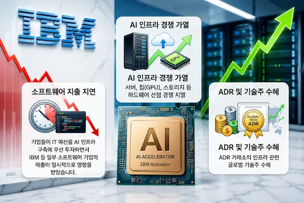 IBM 주가 하락과 AI 인프라 투자 확대에 따른 시장 자금 흐름을 설명한 이미지