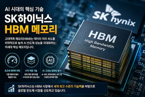 SK하이닉스 HBM 메모리 기술과 AI 반도체 경쟁력을 설명하는 인포그래픽