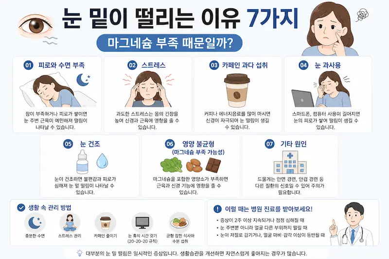 피로 스트레스 카페인 눈 과사용 등 눈 밑 떨림의 7가지 원인을 정리한 인포그래픽
