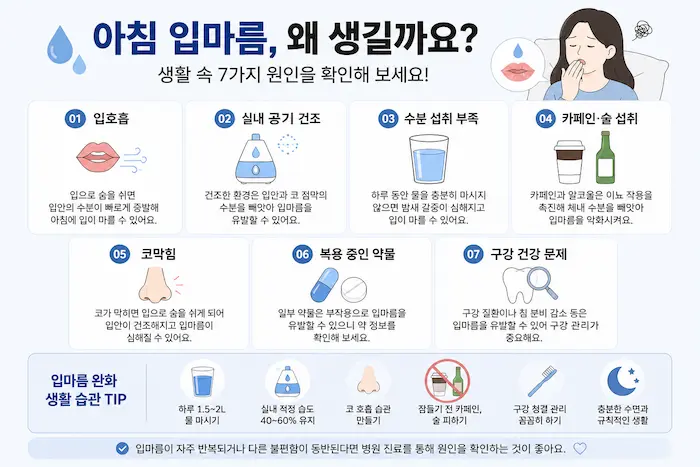 아침 입마름의 7가지 원인과 생활습관 관리 방법을 정리한 인포그래픽