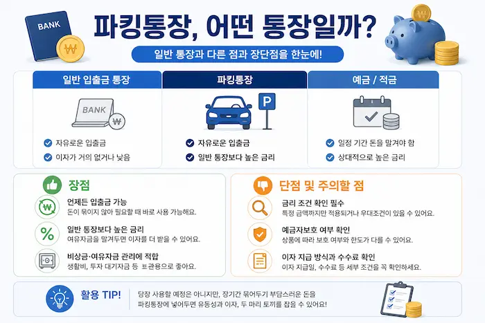 파킹통장과 일반 입출금 통장의 차이를 설명하는 이미지
