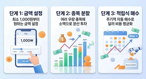 주식 소수점 매수 단계별 활용 방법 인포그래픽 - 금액 설정, 종목 분할, 적립식 매수